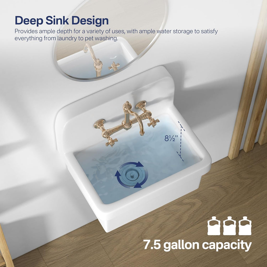 Eridanus 21 Inch Utility Sink, Wall Mounted Farmhouse Bathroom Sink, Modern Laundry Sinks Above Counter, 21' x 16' x 18.5' Floating Porcelain Ceramic Tub High Back for Garage, Washing Room, Kitchen
