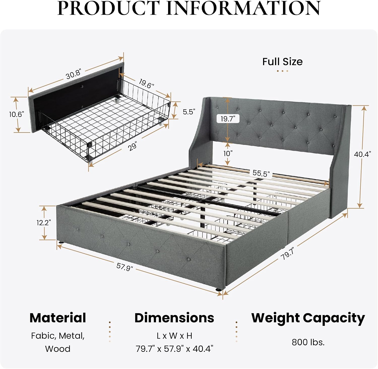 SHA CERLIN Upholstered Full Size Platform Bed Frame with 4 Storage Drawers and Wingback Headboard, Diamond Stitched Button Tufted Design, No Box Spring Needed, Light Grey