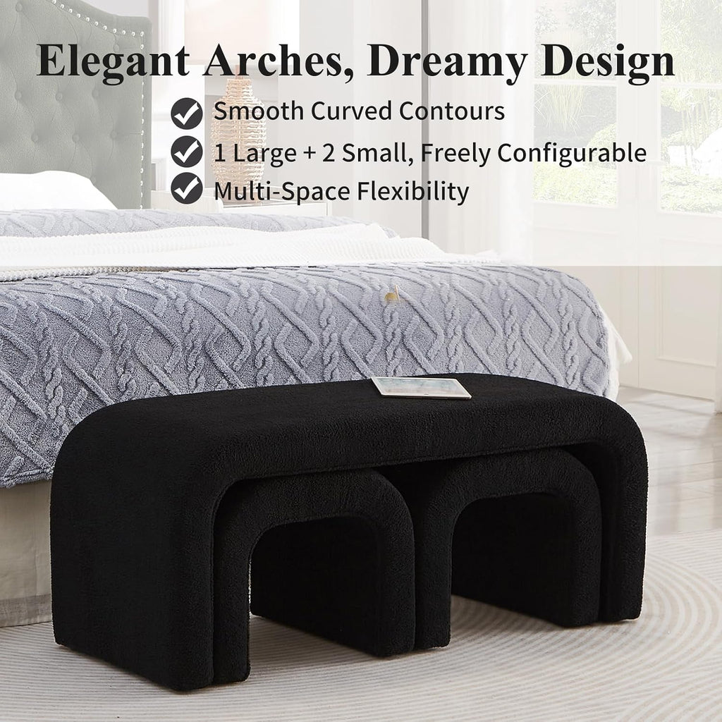 3-Piece Modern Ottoman Bench Set, 44' Wide Teddy Upholstered End of Bed Bench with 2 Foot Stools, Padded U-Shaped Entry Bench Vanity Stool for Living Room Bedroom (Black)