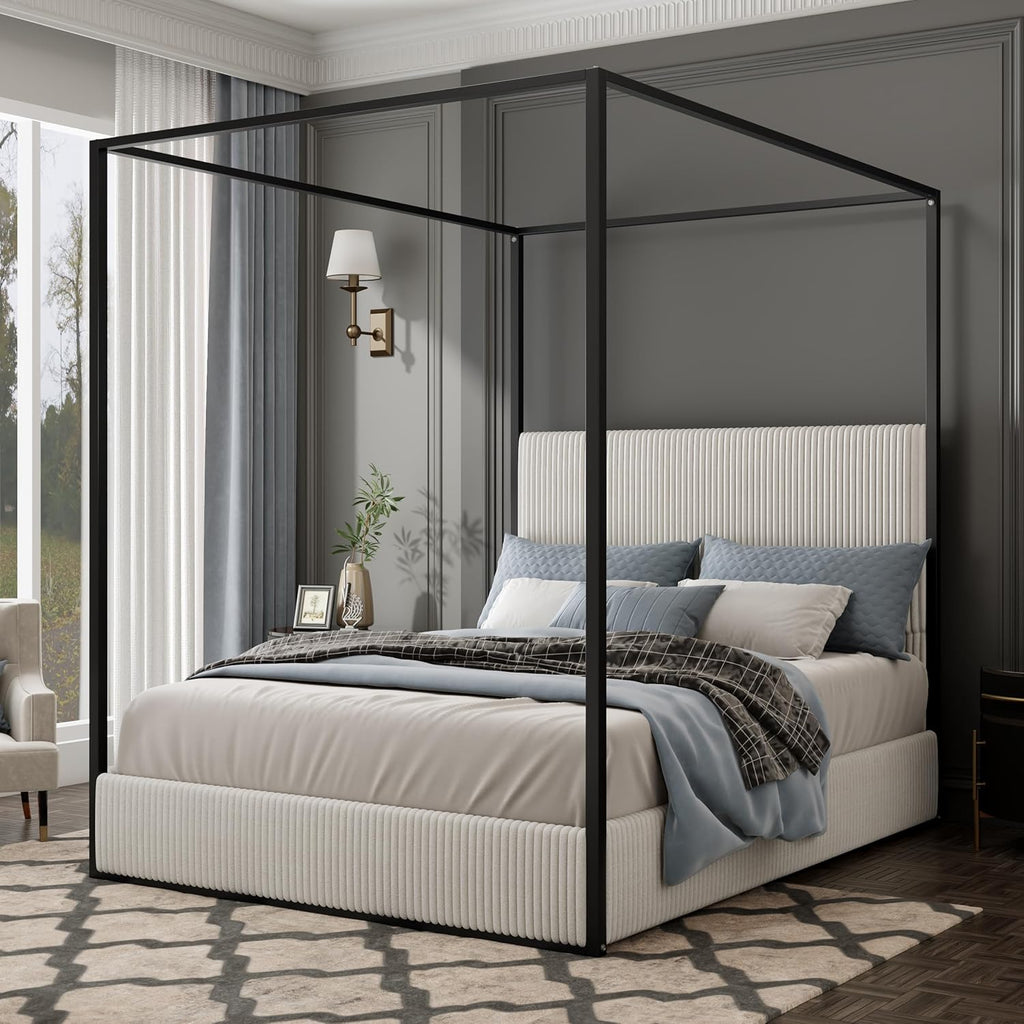 Merax Modern Luxury Queen Metal Canopy Bed with Tall Upholstered Headboard, Gold Four Poster Bed, No Box Spring Needed, White