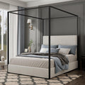 Merax Modern Luxury Queen Metal Canopy Bed with Tall Upholstered Headboard, Gold Four Poster Bed, No Box Spring Needed, White