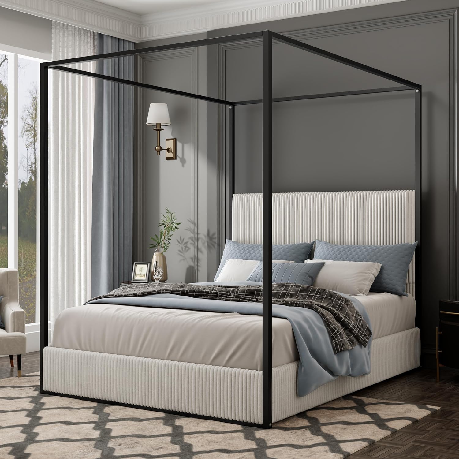 Merax Modern Luxury Queen Metal Canopy Bed with Tall Upholstered Headboard, Gold Four Poster Bed, No Box Spring Needed, White