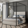 Modern 4-Poster Canopy Platform Bed Queen Size with Tall Upholstered Headboard, Metal Canopied Design Platform Bed Frame with Strong Slats Support, No Box Spring Needed (White, Queen)