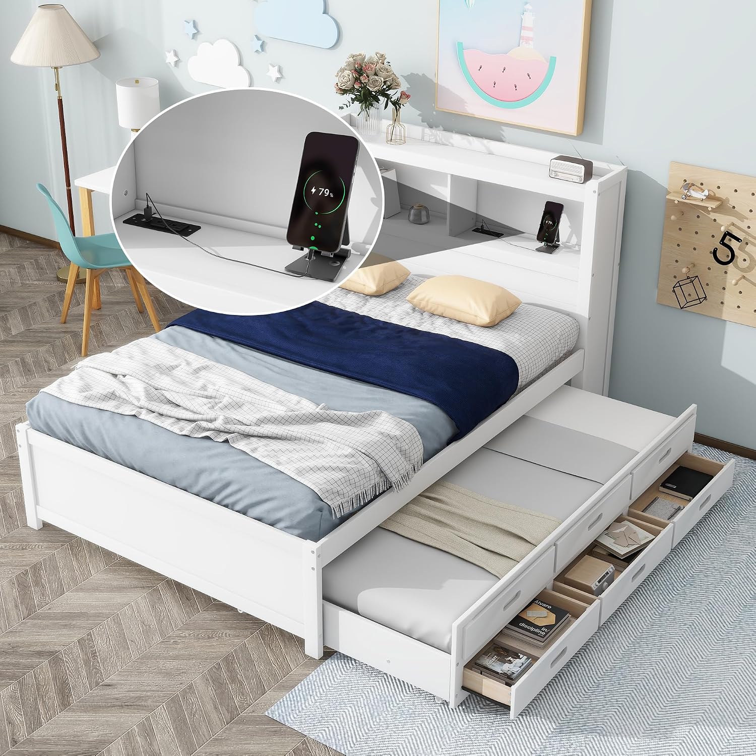 SOFTSEA Full Trundle Bed Frame with Storage Headboard Wood Platform Bed Frame with Trundle and USB Plugs