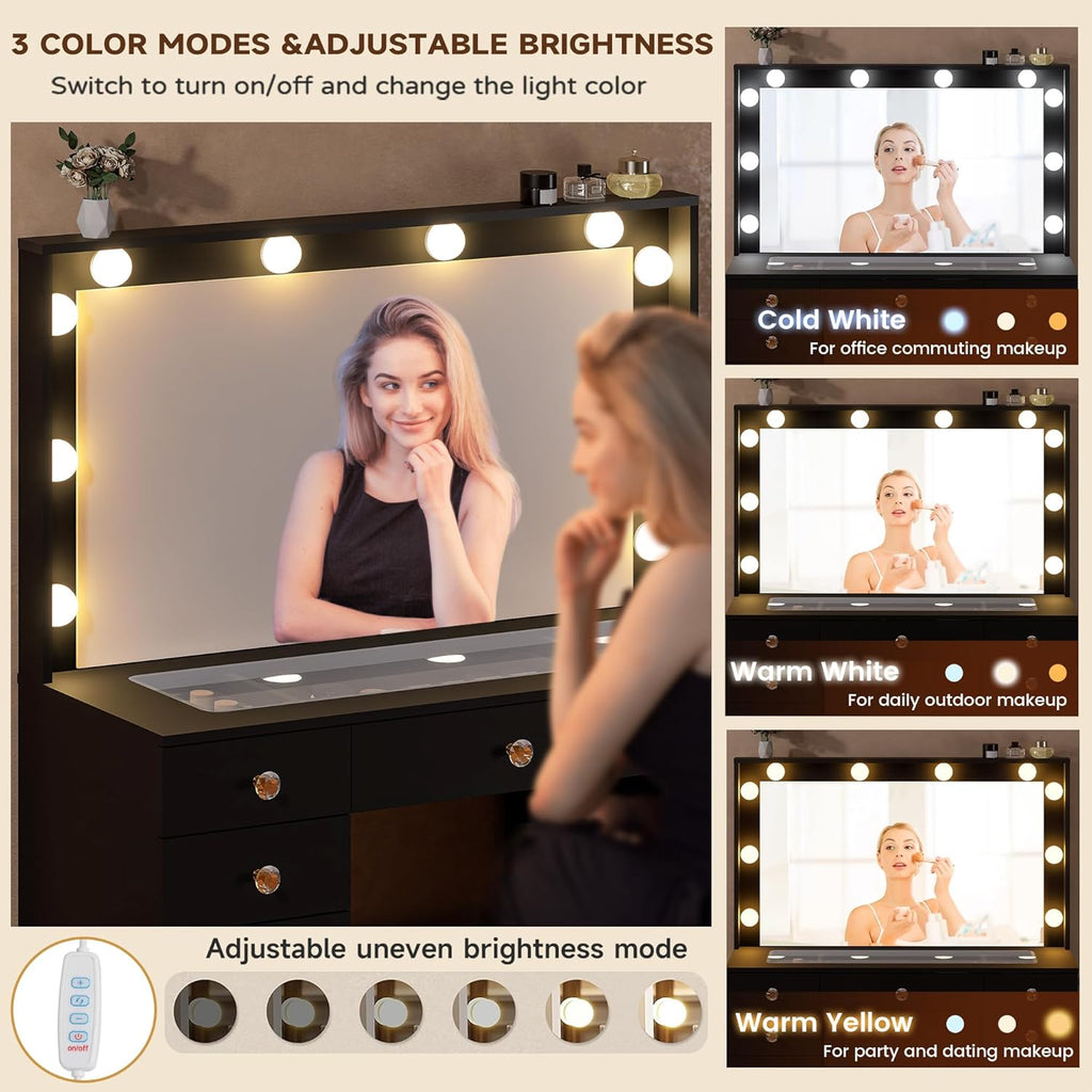 DINGIPP 42.1' Vanity with Large Mirror and 10 LED Lights, Vanity Desk with Glasstop, 11 Drawers with Crystal Handles, Dressing Table with Power Outlet as Gift for Women, Girls (Black)