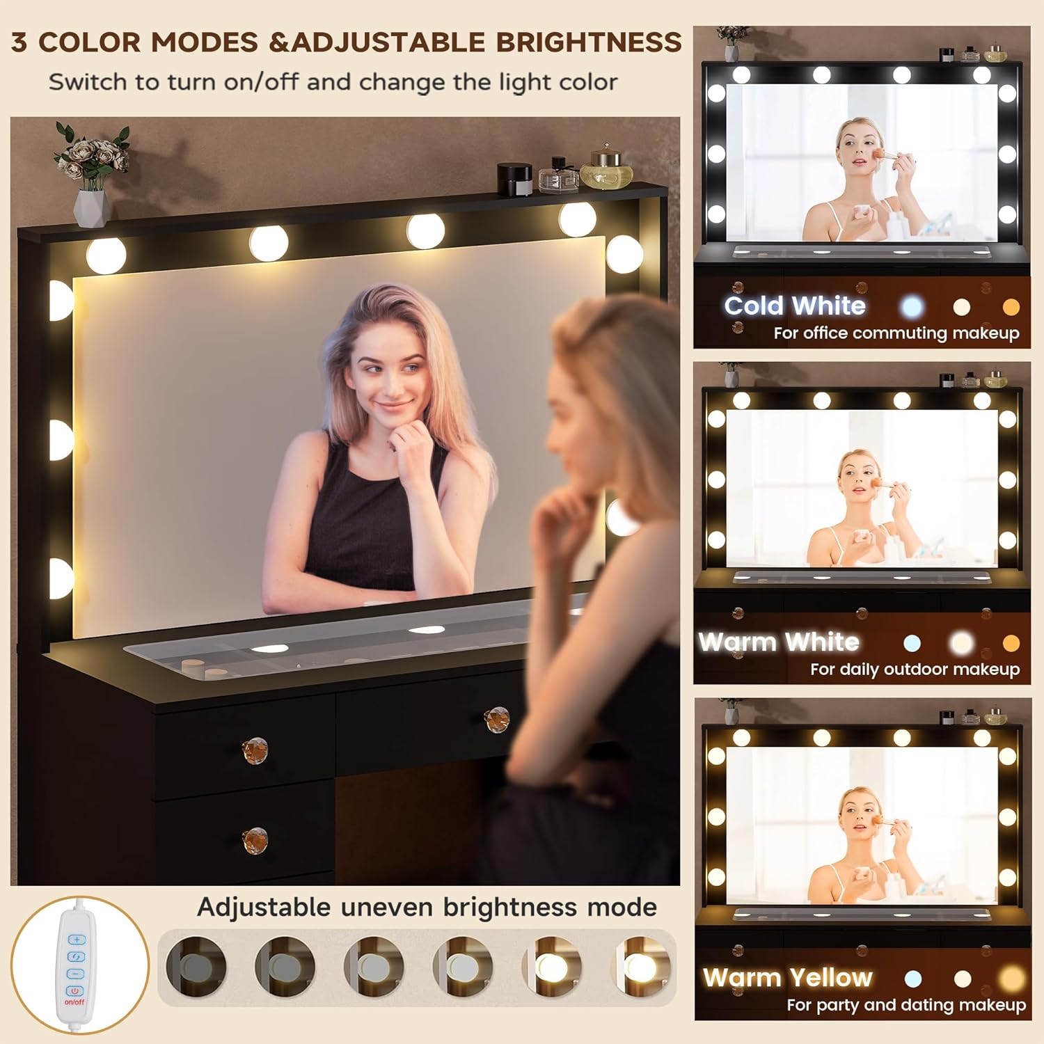 DINGIPP 42.1' Vanity with Large Mirror and 10 LED Lights, Vanity Desk with Glasstop, 11 Drawers with Crystal Handles, Dressing Table with Power Outlet as Gift for Women, Girls (Black)