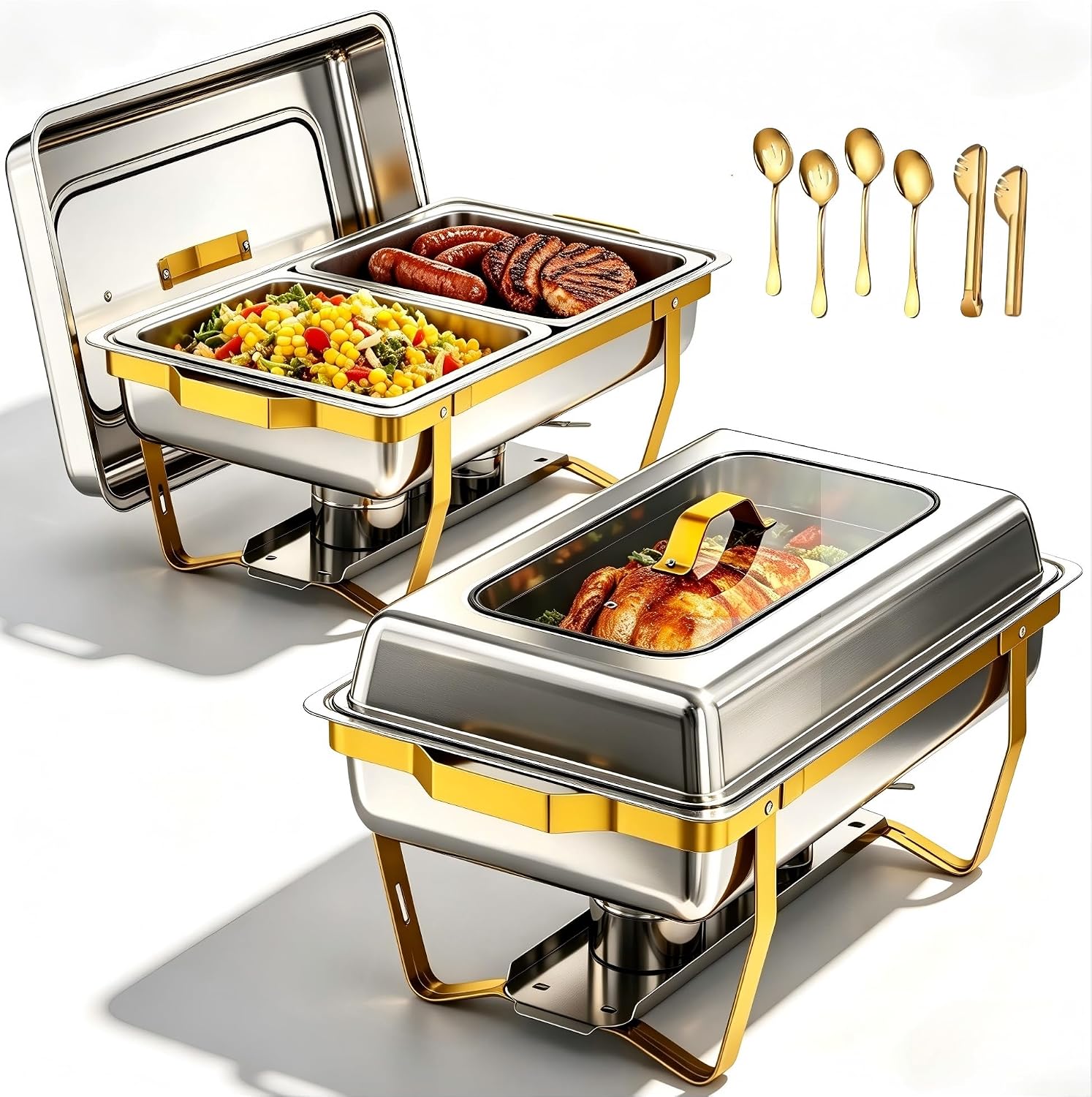 Chafing Dishes for Buffet, 2-Pack Hot Cold Food Warmer with Glass Lid, 9QT Large Capacity Stainless Steel Buffet Servers, Complete Set with Utensils for Catering Party Wedding Outdoor
