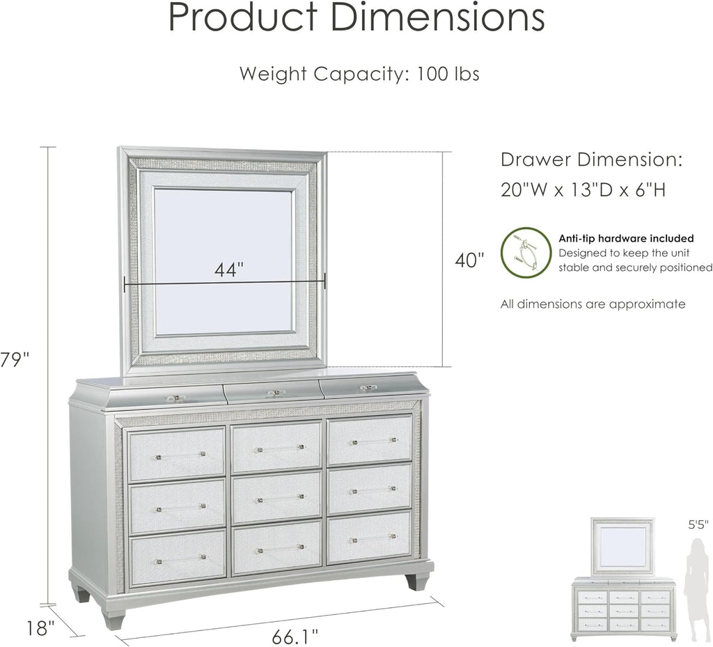 Furniture of America Silvia Glam Solid Wood 5-Piece Bedroom Set with Layered Frame Bed, Faux Crystal Trim LED on Nightstands and Dresser with Mirror, Box Spring Needed for Bedroom, King, Silver