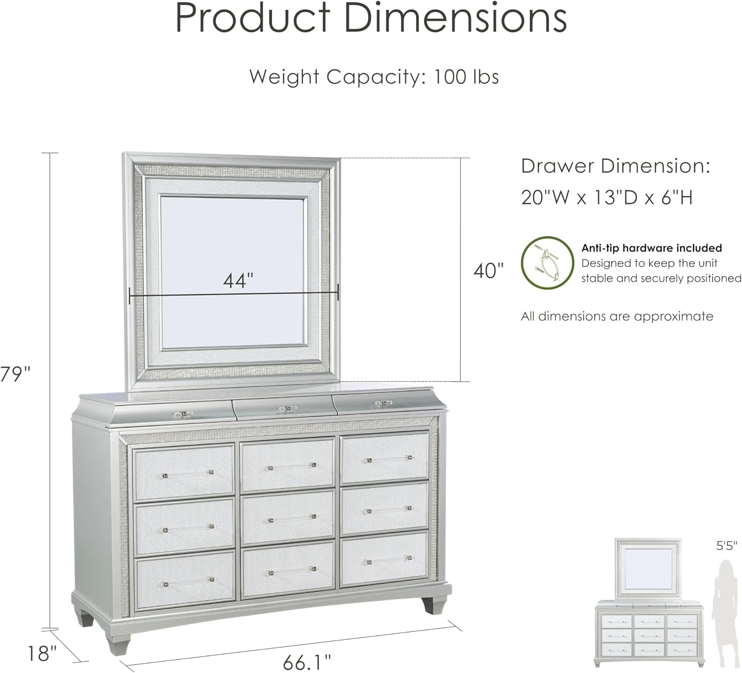 Furniture of America Silvia Glam Solid Wood 5-Piece Bedroom Set with Layered Frame Bed, Faux Crystal Trim LED on Nightstands and Dresser with Mirror, Box Spring Needed for Bedroom, King, Silver