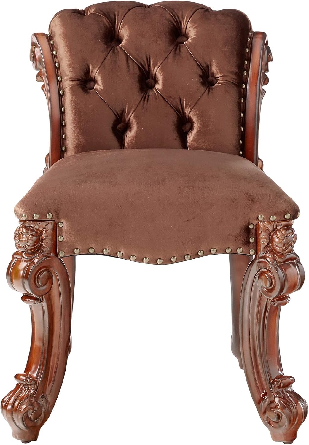 BOWERY HILL Vanity Stool, Cherry Finish, 27.56' H x 28.74' W x 20.08' D, Padded Seat and Backrest Cushion, Fabric Upholstery, Poplar and Aspen Wood, Elegant Baroque Style Vanity Bench for Bedroom or