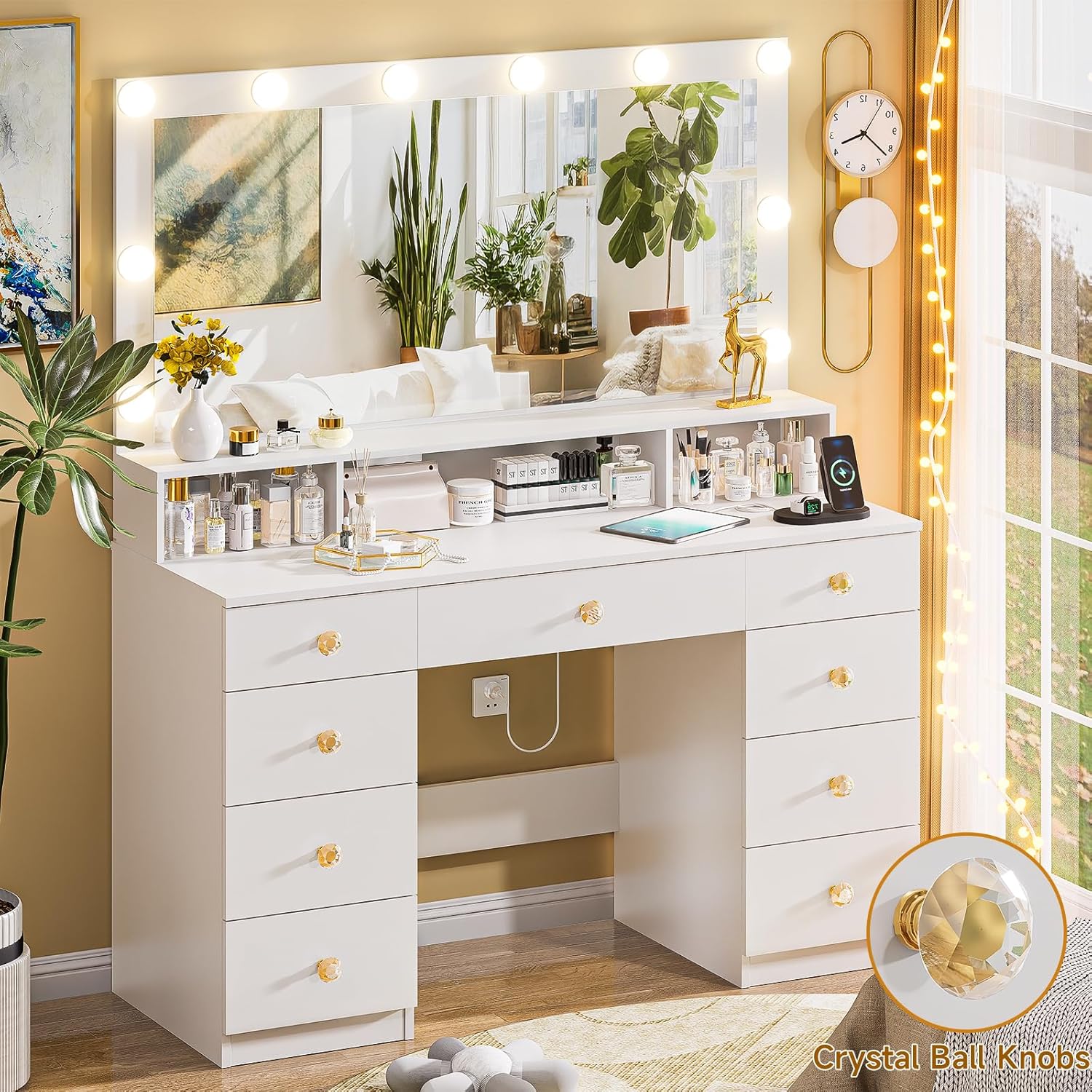 DINGIPP Vanity Desk with Lighted Mirror, Makeup Vanity Table with Power Outlet, 9 Drawers & Crystal Handles, 43.3' Large Vanity Desk Dressing Table for Women, Girls, Bedroom, White