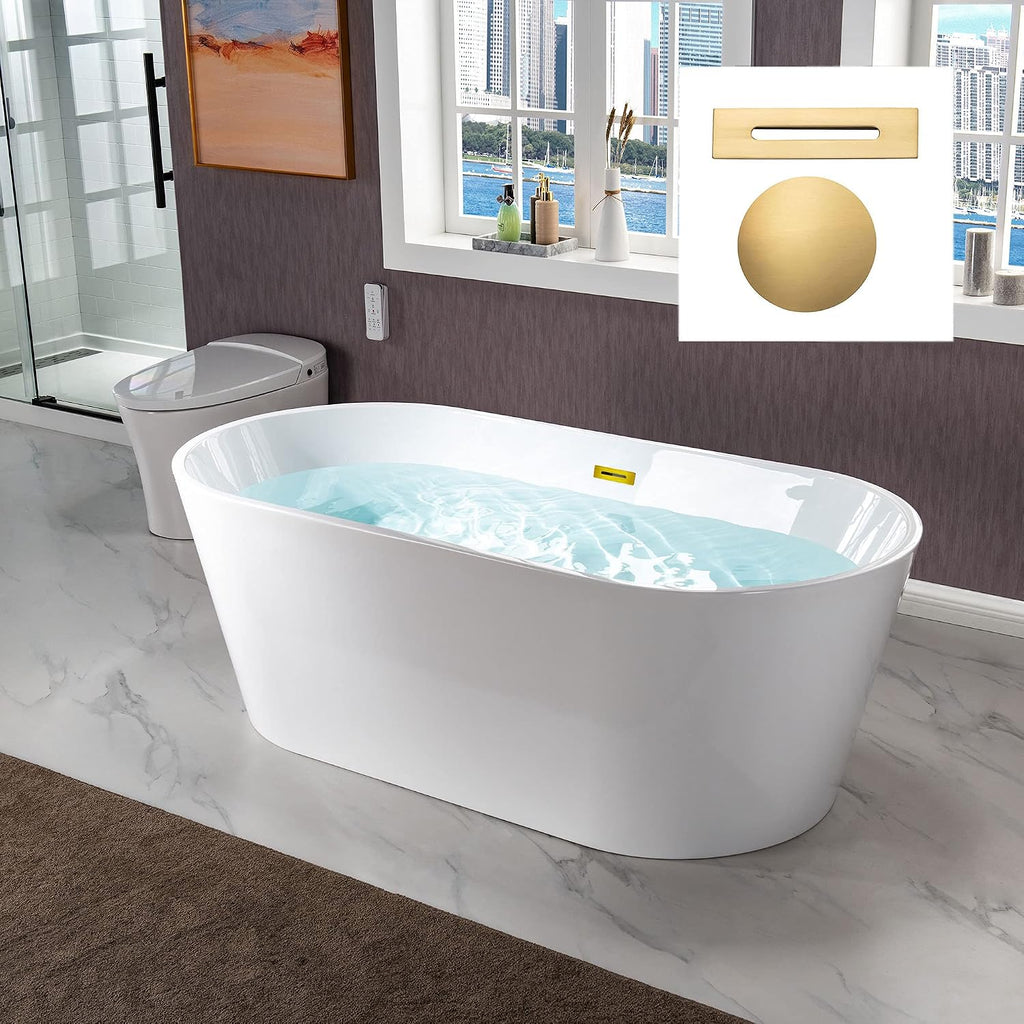 WOODBRIDGE 67' Acrylic Freestanding Bathtub Contemporary Soaking White Tub with Brushed Gold Overflow and Drain，B0013 -BG-Drain &O
