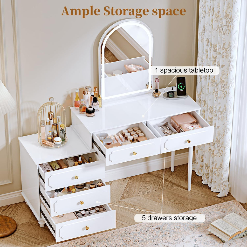 Ieejdn White,Vanity Desk with Mirror and Lights,Makeup Vanity with Power Outlet and Adjustable Cabinet,Modern Makeup Table with 3 Drawers for Bedroom Makeup Room