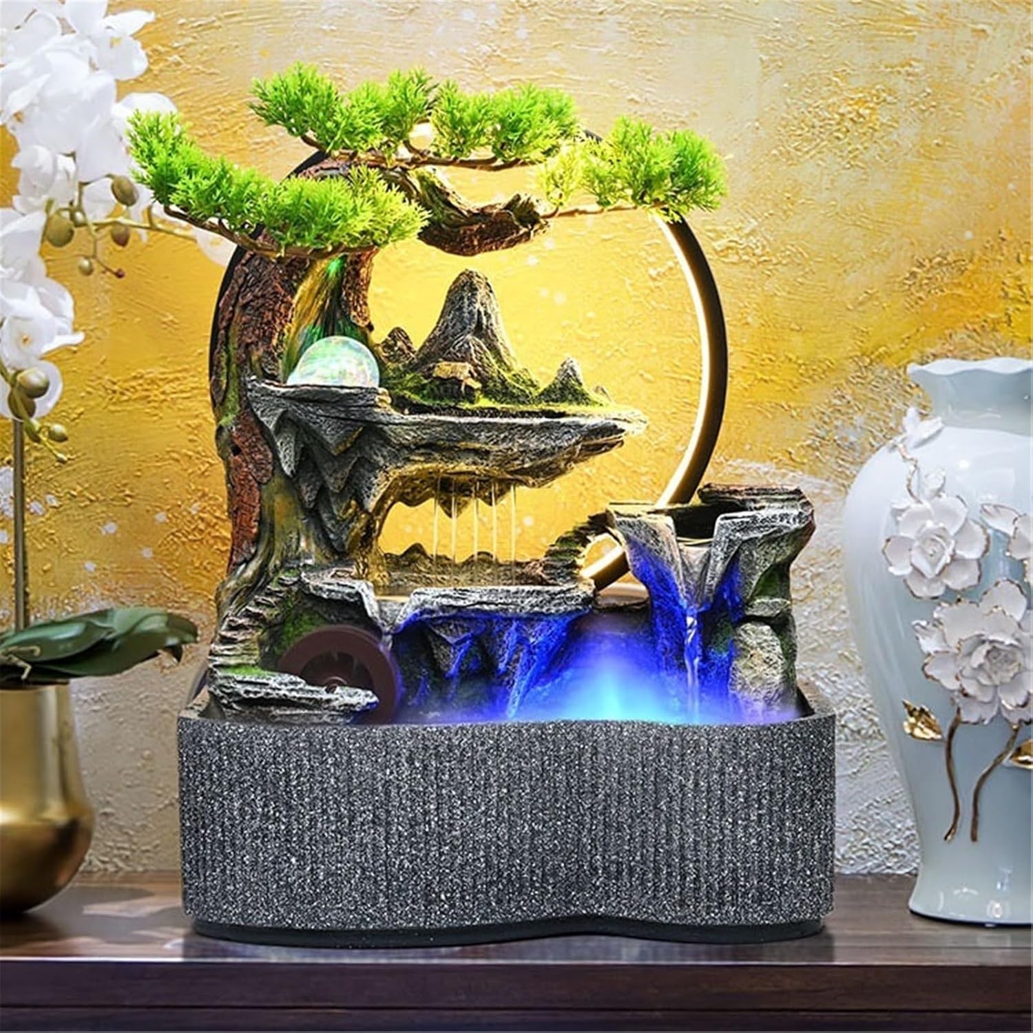 Tabletop Fountain Indoor Water Fountain, Circulating Feature Desktop Feng Shui Wheel Fish Pond Landscaping