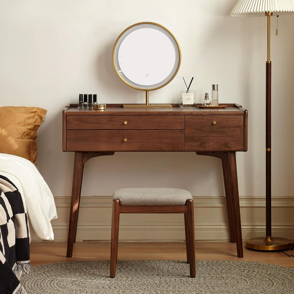 YESWOOD Small Vanity Desk, North America Black Walnut Wood Dressing Table with Drawer Divider, Study Desk and Vanity Desk for Bedroom, Walnut Color, 31' D x 18' W x 32' H (Only Vanity Table)