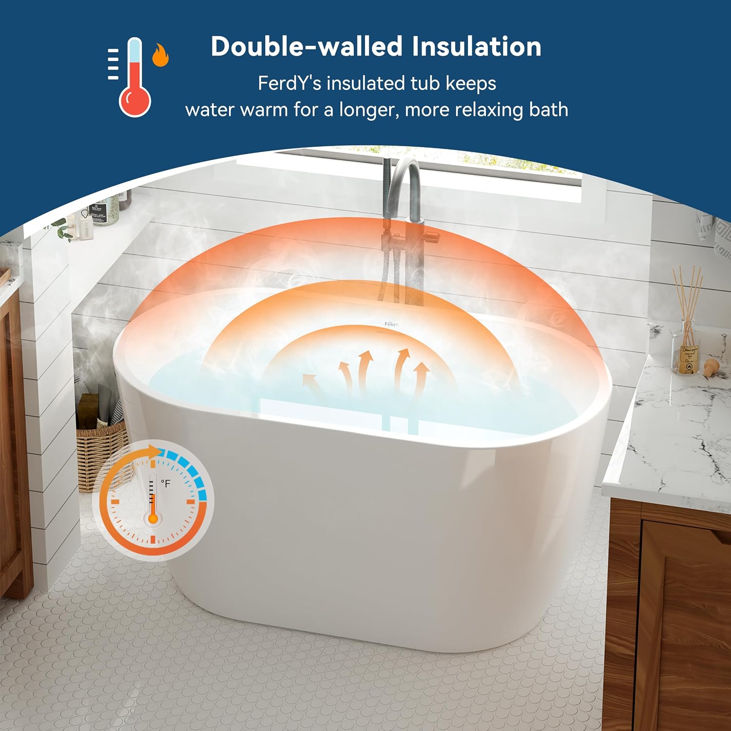 FerdY 47' Bali Acrylic Freestanding Bathtub, Gracefully Shaped Freestanding Soaking Bathtub, cUPC Certified, Toe-Tap Brushed Nickle Drain and Minimalist Linear Design Overflow Included