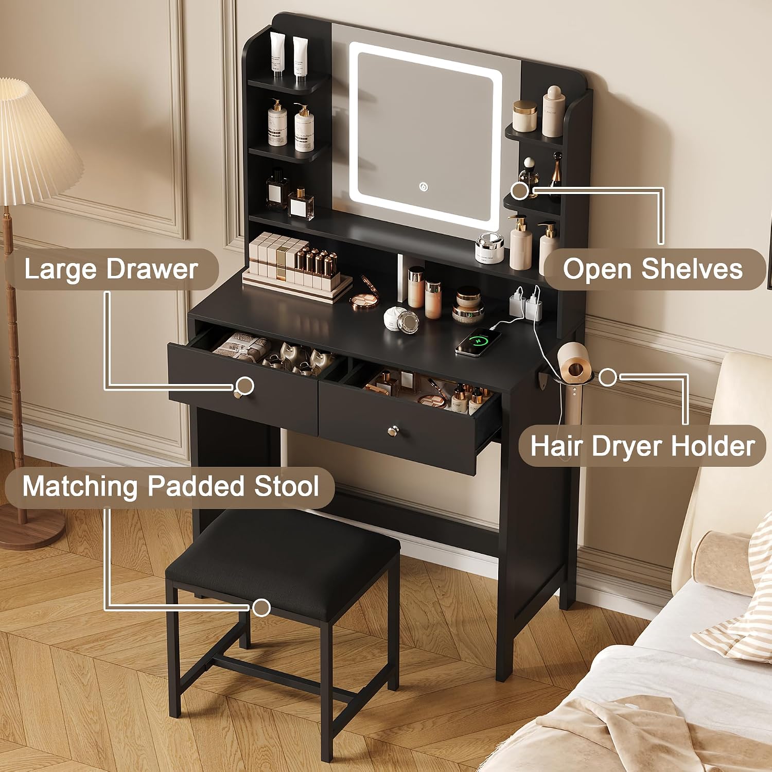 Black Vanity with Lighted Mirror, 8 Shelves, 2 Drawers, Charging Station, Hair Dryer Holder & Stool, LED Mirror with 3 Light Modes