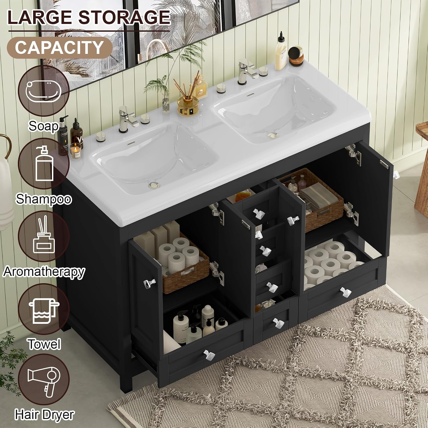 Bathroom Vanities with Sink Combo, 48' Modern Double Bathroom Vanity with 4 Doors & 5 Drawers, Freestanding White Bathroom Cabinet with Double Ceramic Sink, Black