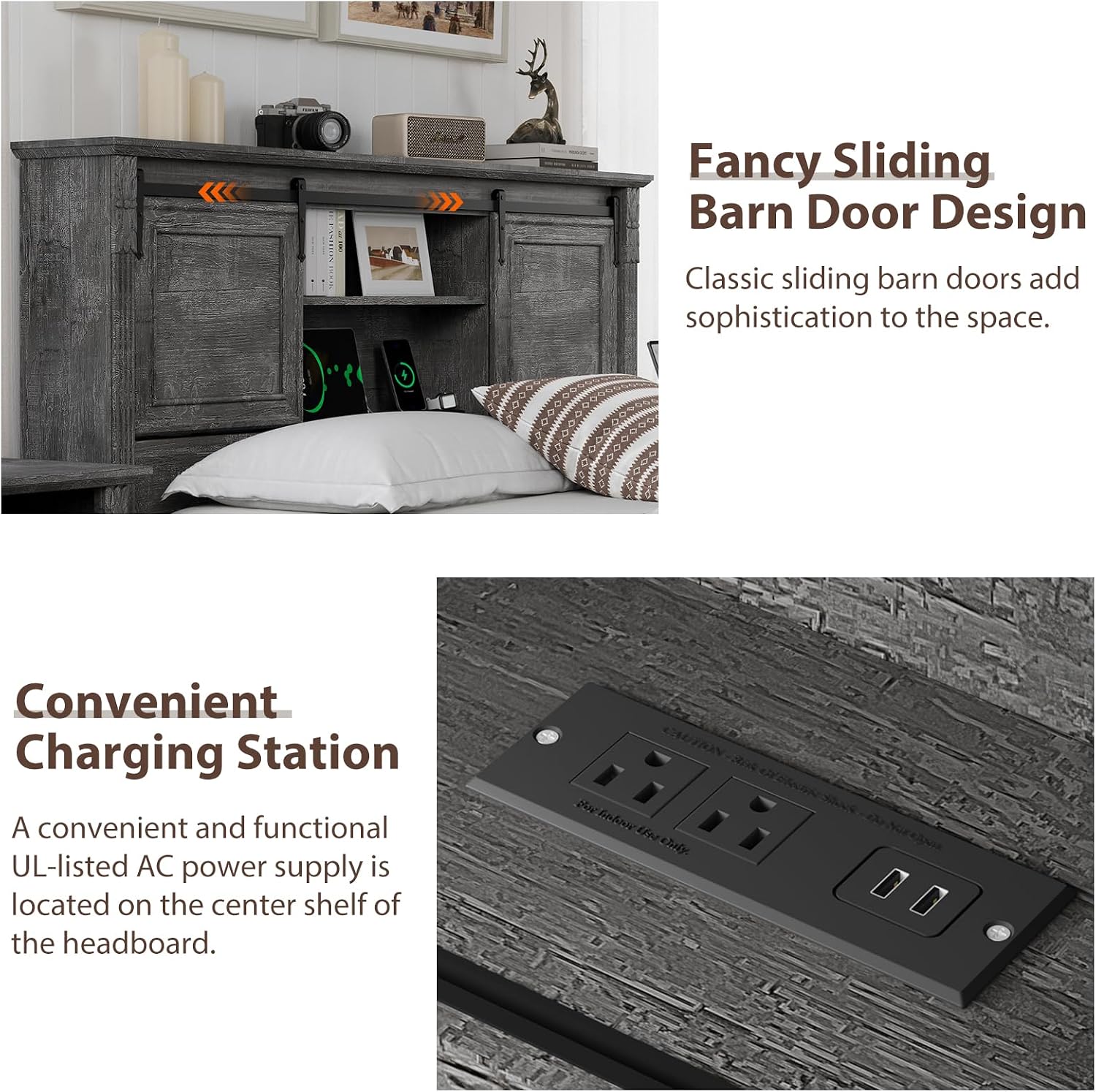 BOSHIRO Farmhouse Queen Size Bed Frame with Storage Bookcase Headboard, Bed Frame Wood Platform w/Charging Station, Bracket Footboard, 2 Large Sliding Barn Doors, No Box Spring Needed - Light Gray