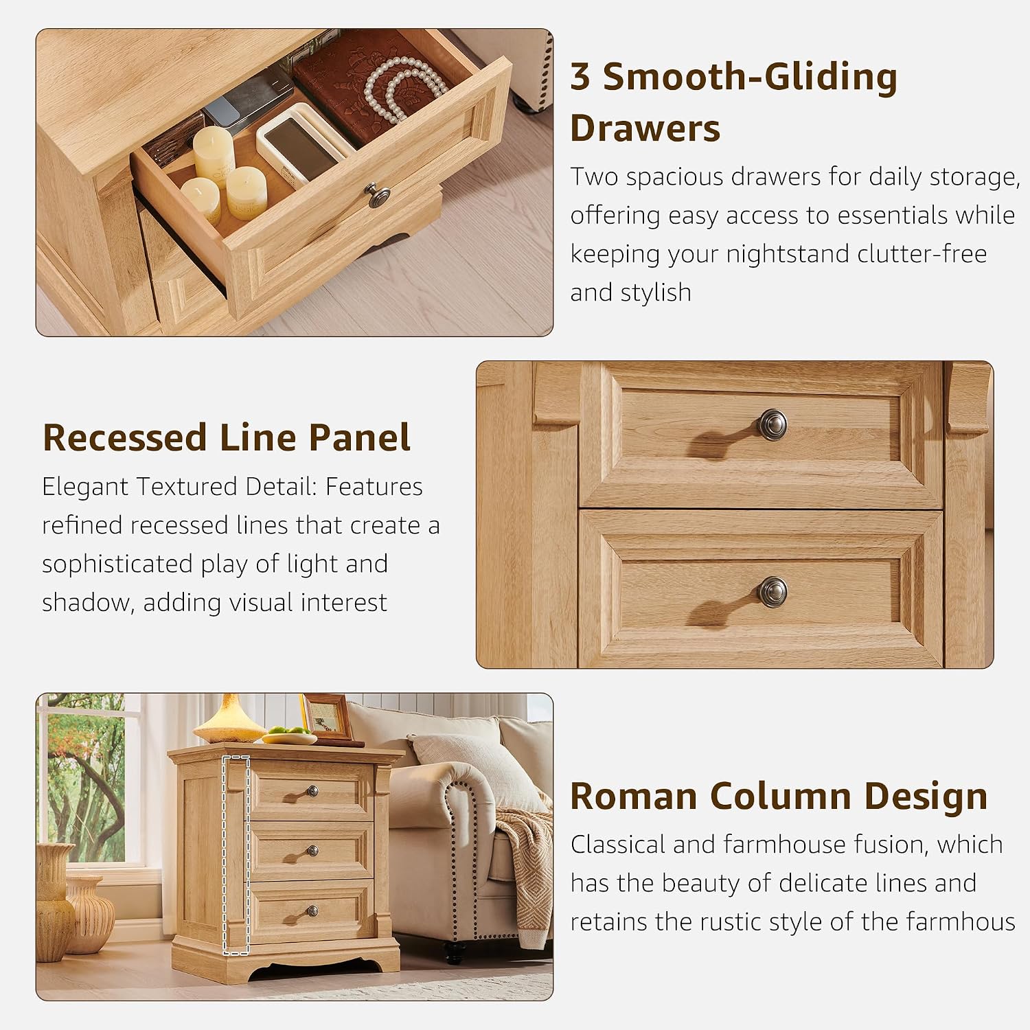 T4TREAM 24' Wide 3 Drawer Dressers, Farmhouse 26' Tall Bedside Side Table with 3 Drawers, Wooden Side Table with Roman Column, End Table for Bedroom, Living Room, Hallway, Oak