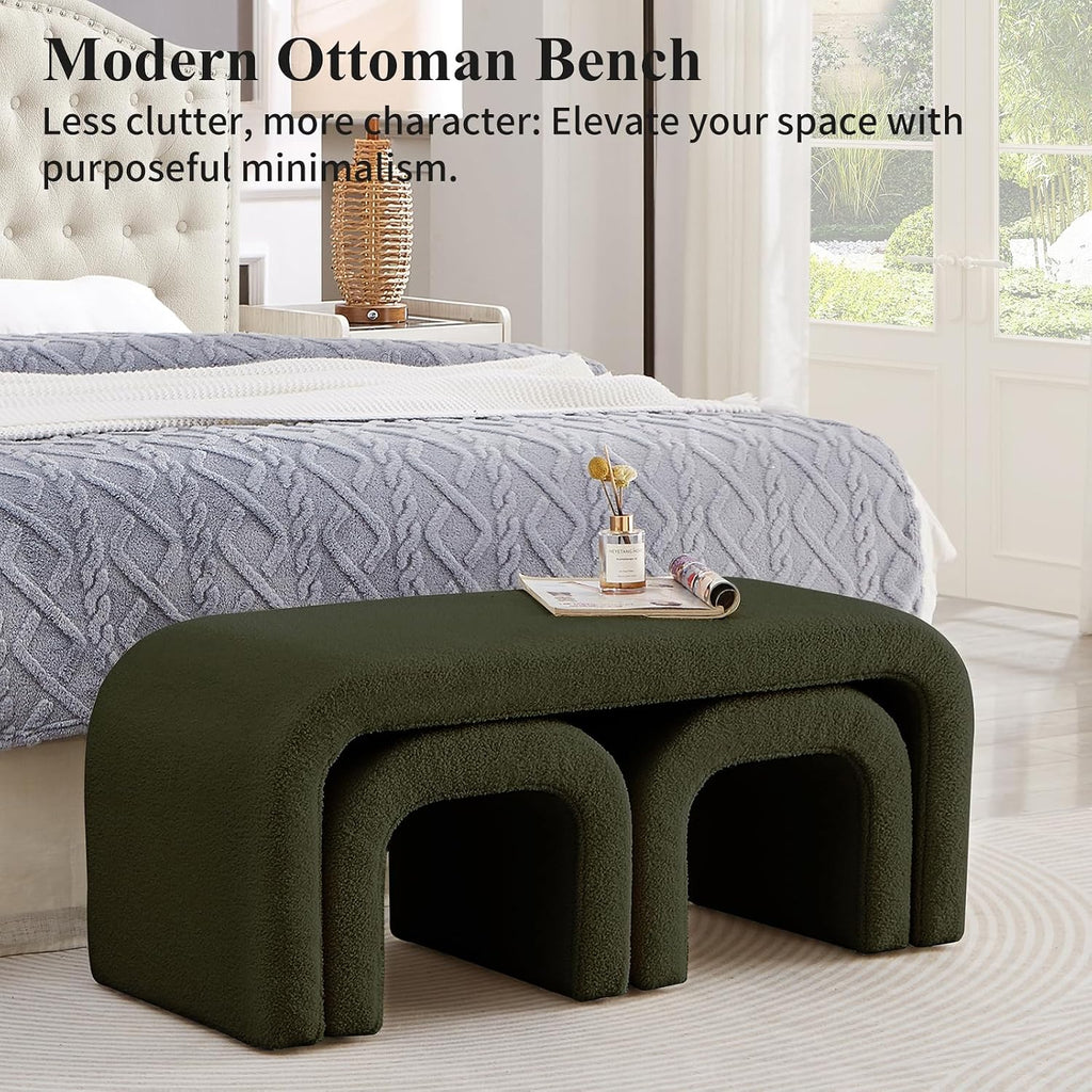3-Piece Modern Ottoman Bench Set, 44' Wide Teddy Upholstered End of Bed Bench with 2 Foot Stools, Padded U-Shaped Entry Bench Vanity Stool for Living Room Bedroom (Dark Green)