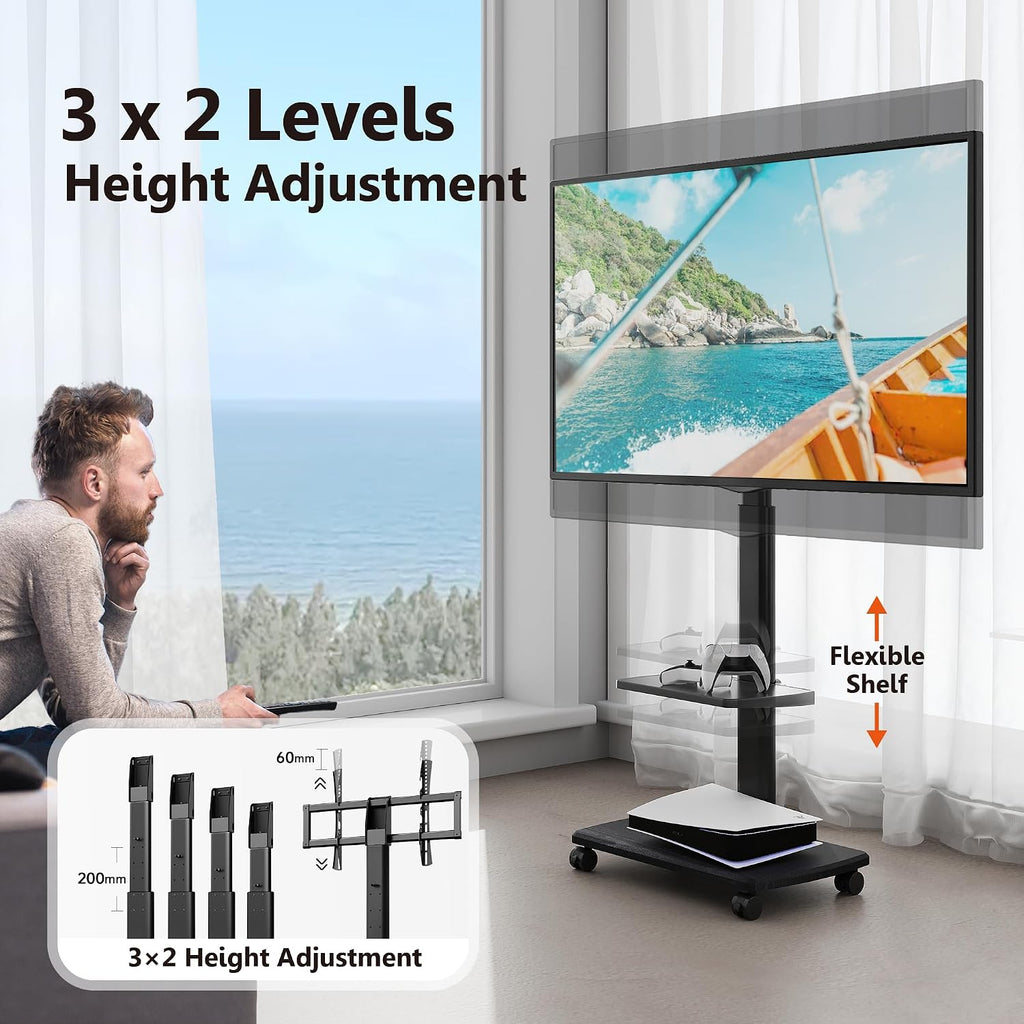 FITUEYES Rolling TV Stand with Power Outlets, Swivel Portable TV Stand for 32-70 Inch LCD LED OLED Flat/Curved Panel Screen TVs, Height Adjustable&Wood Base, Mobile TV Cart with Shelf, Black