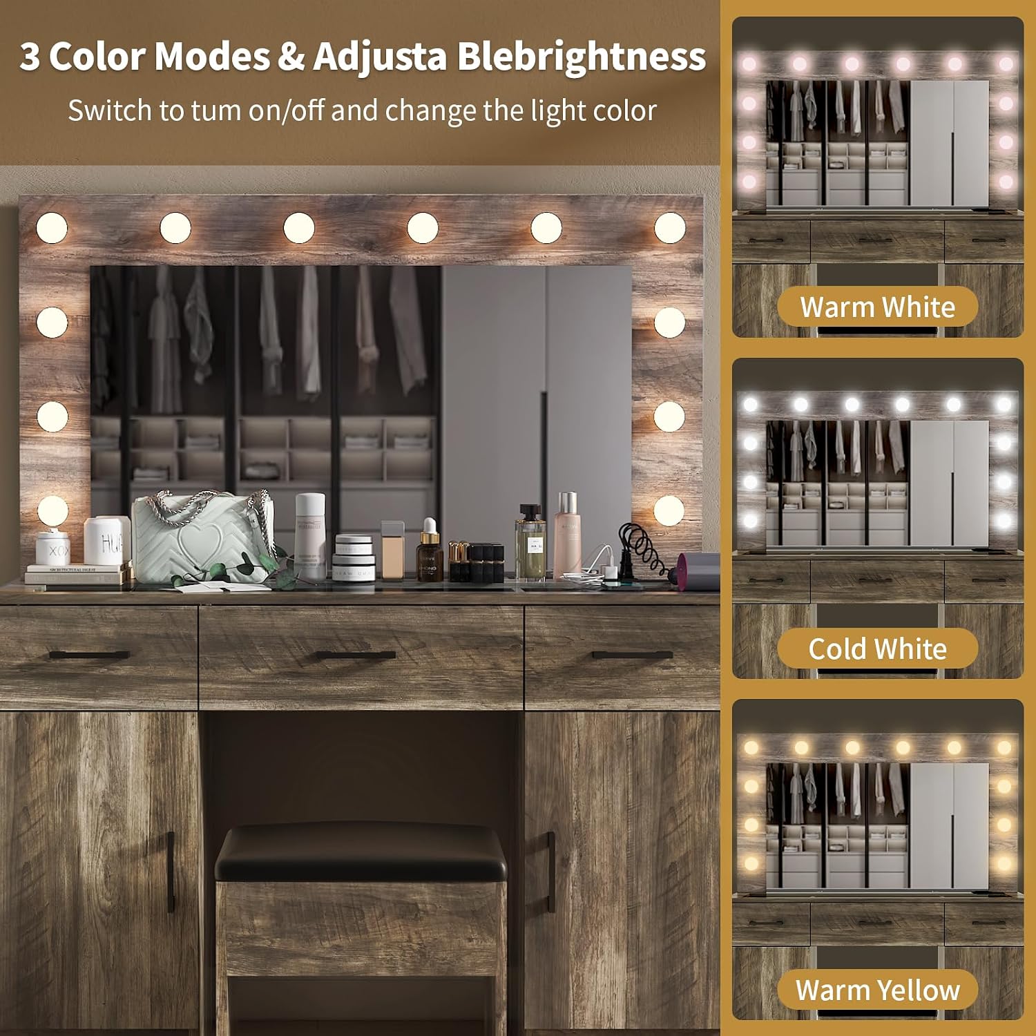 VINGLI Vanity Desk with LED Lighted Mirror & Padded Stool, Makeup Table with Drawers & Cabinets & Power Outlet & Glass Top & 12 Light Bulbs with 3 Colors for Dressing Room Bedroom, Grey