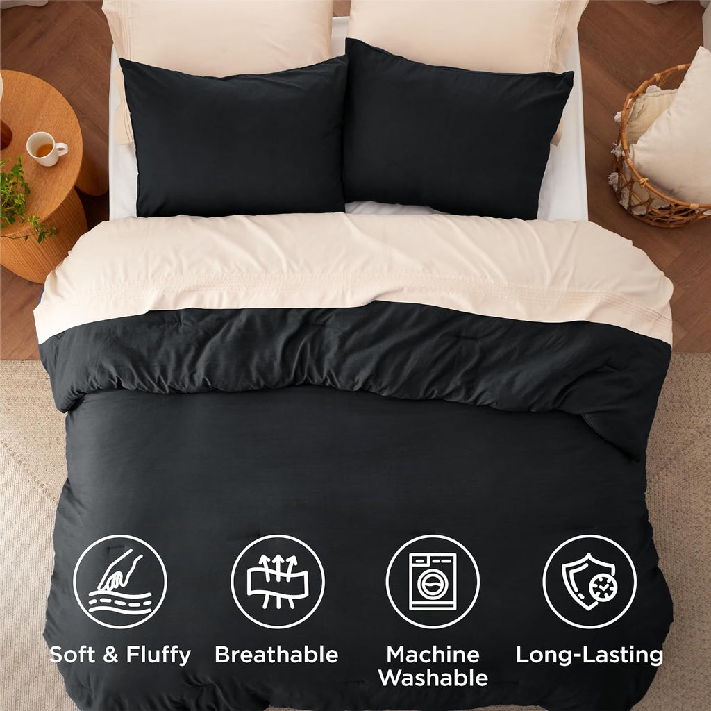 Bedsure Super King Plus Comforter Set, Black Soft Prewashed Bedding for All Seasons, 3 Pieces GentleSoft™ Bed Set, 1 Lightweight Comforter (128'x120') and 2 Pillowcases (20'x36')