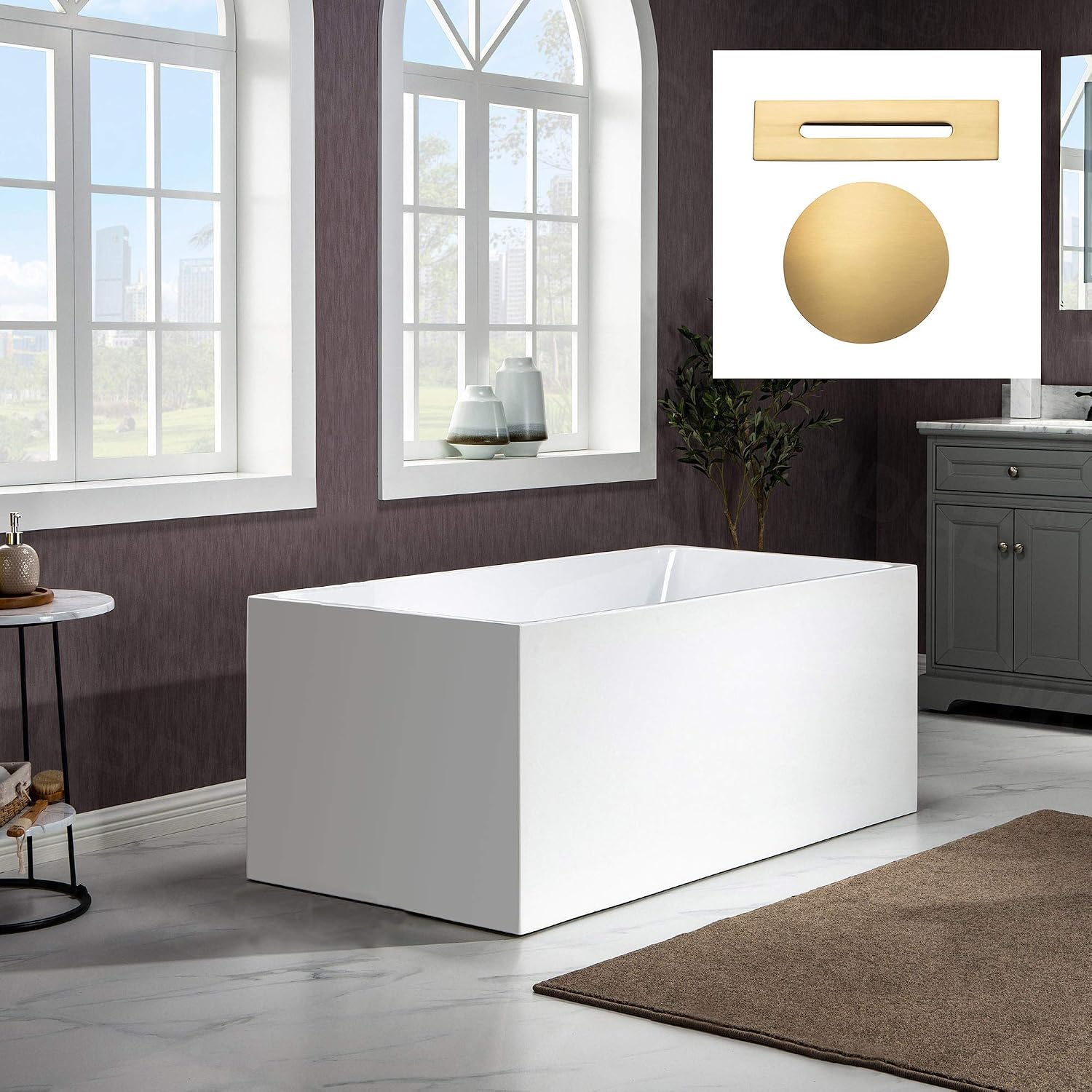 WOODBRIDGE 67' Acrylic Freestanding Bathtub Contemporary Soaking White Tub with Brushed Gold Overflow and Drain，B0086-BG-Drain&O