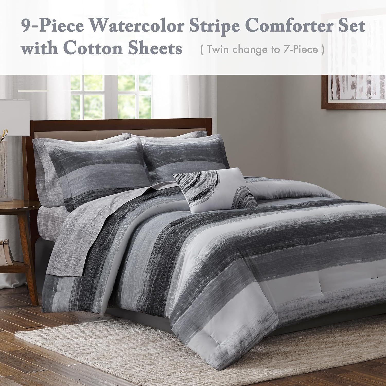 Madison Park Essentials Cal King Comforter Set, Bed in a Bag, Watercolor Print Coastal Comforter & Chambray Cotton Sheet Set, All Season Bedding, Saben, Black Cal King (104 in x 92 in) 9Piece