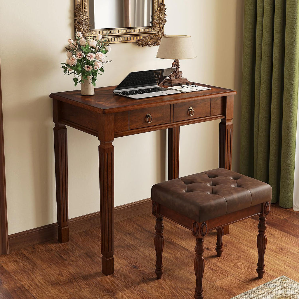 Solid Wood Small Makeup Vanity Table Set, 31.5'W Narrow Wooden Dressing Vanity Desk with 2 Storage Drawers and Upholstered Stool, Compact Writing Desk & Button Tufted Cushioned Stool, Cherry&Brown