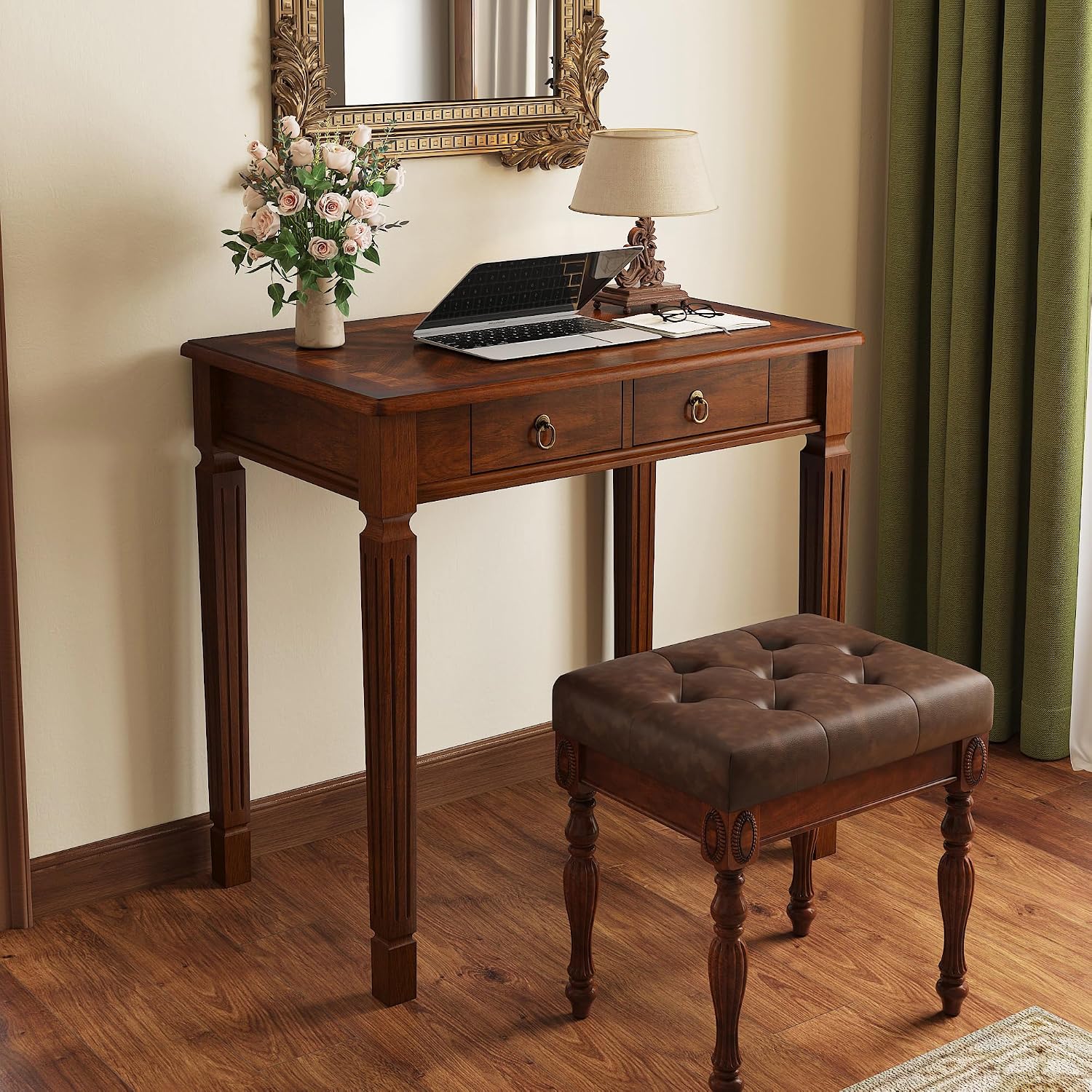 Solid Wood Small Makeup Vanity Table Set, 31.5'W Narrow Wooden Dressing Vanity Desk with 2 Storage Drawers and Upholstered Stool, Compact Writing Desk & Button Tufted Cushioned Stool, Cherry&Brown