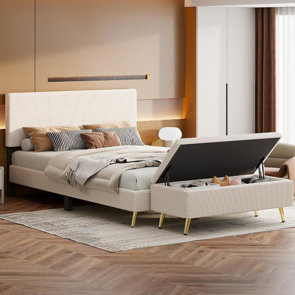 Modern 2-Pieces Bedroom Sets, Corduroy Queen Size Platform Bed with Storage Ottoman, Upholstered Platform Bed Frame with Horizontal Stripe Headboard and Metal Legs, Sturdy Slats Support (Beige-D)