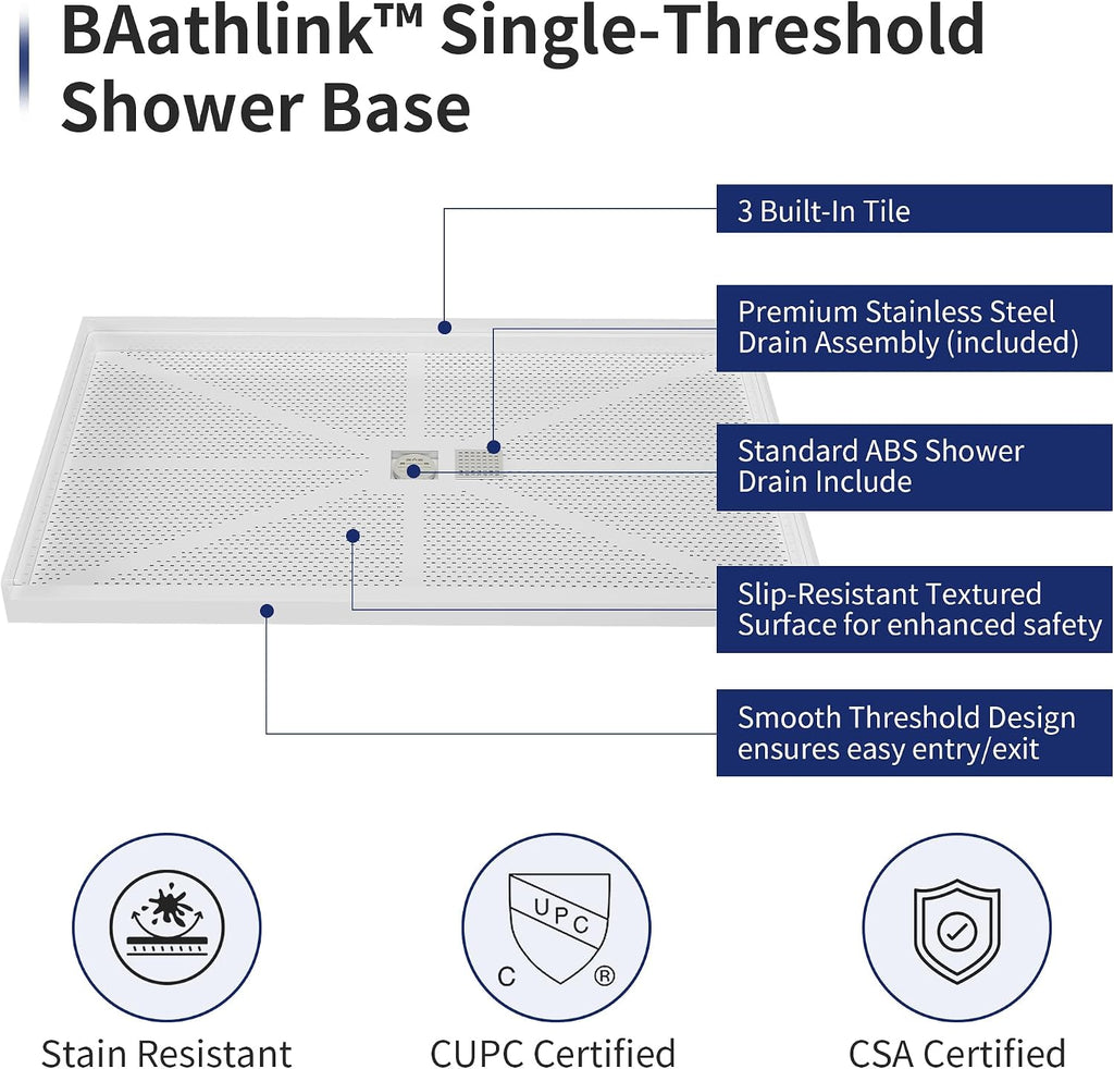 60'×32' Shower Base with Central Drain - Heavy-Duty Solid Surface Construction, 3' Barrier-Free Threshold & Slip-Resistant Textured Floor