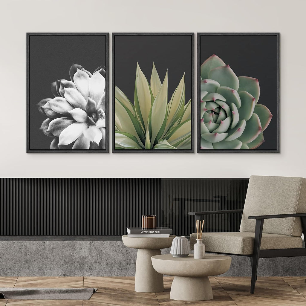 SIGNWIN Framed Wall Art Print Set Echeveria Succulent Variety Nature Plants Photography Modern Art Closeup Relax/Calm Dark Black and White for Living Room, Bedroom, Office - 24'x36'x3 Black