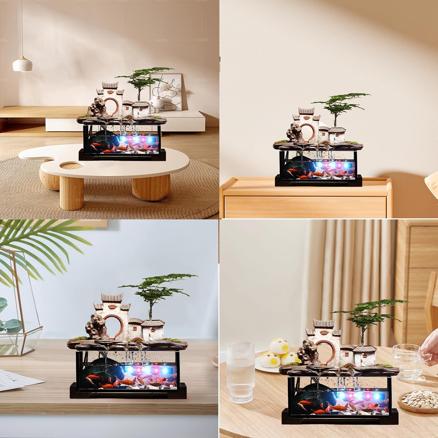 Desktop Ceramic Water Fountain Fish Tank - Adjustable Water Flow with LED Lights | Indoor Decoration Fortune Gifts+15 PCS Free Crystals (Style 6)