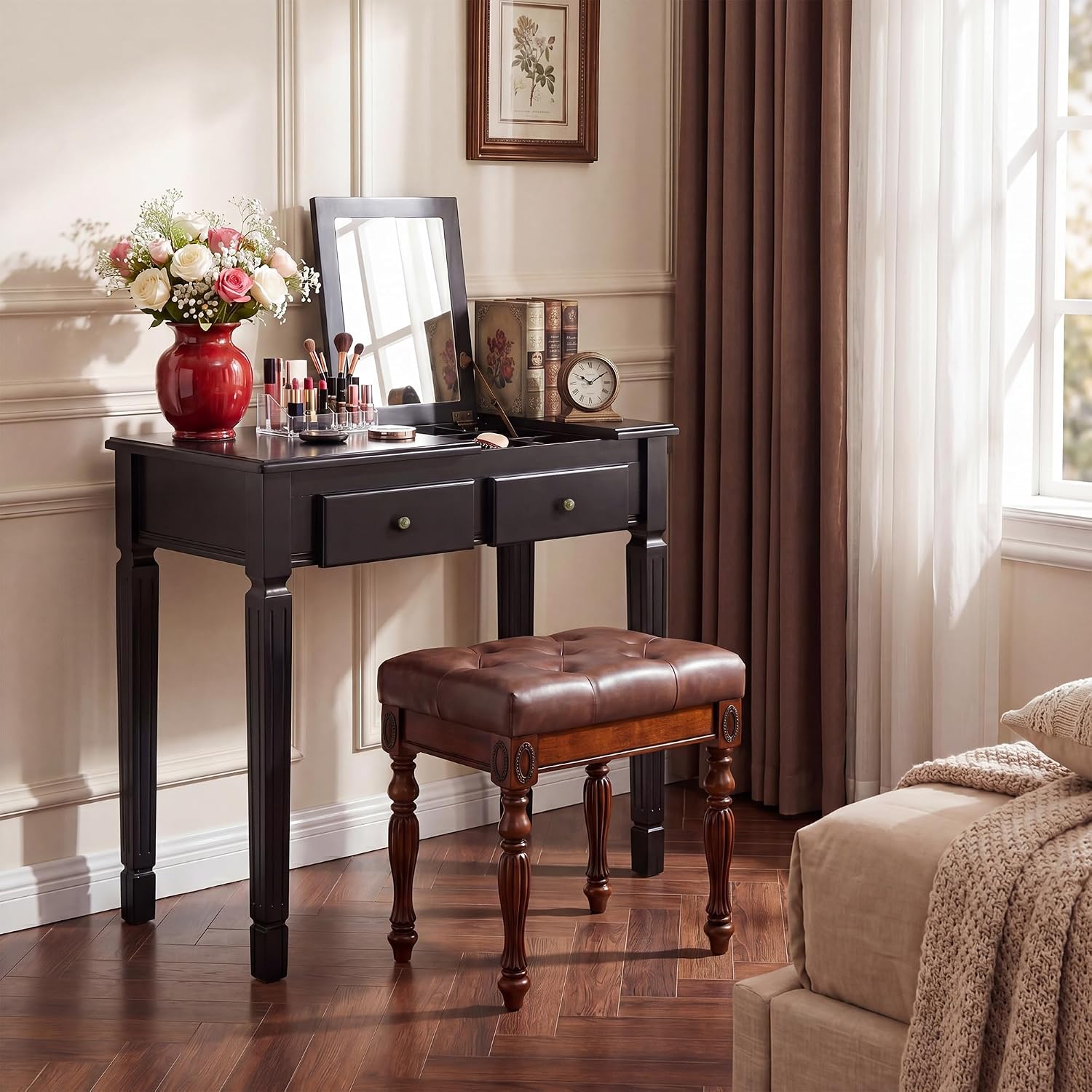 Small Makeup Vanity Desk Table with Flip-Top Mirror and Hidden Storage Compartments, Wood Computer Writing Desk with 2 Drawers, Easy Assembly Dressing Table for Bedroom Black SZT-D0036-BK