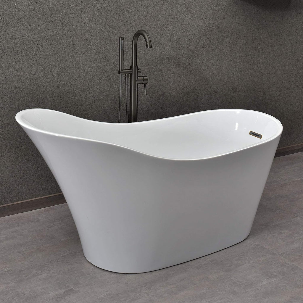 WOODBRIDGE 59' Acrylic Freestanding Bathtub Contemporary Soaking White Tub with Oil Rubbed Bronze Overflow and Drain，B0029-ORB-Drain&O
