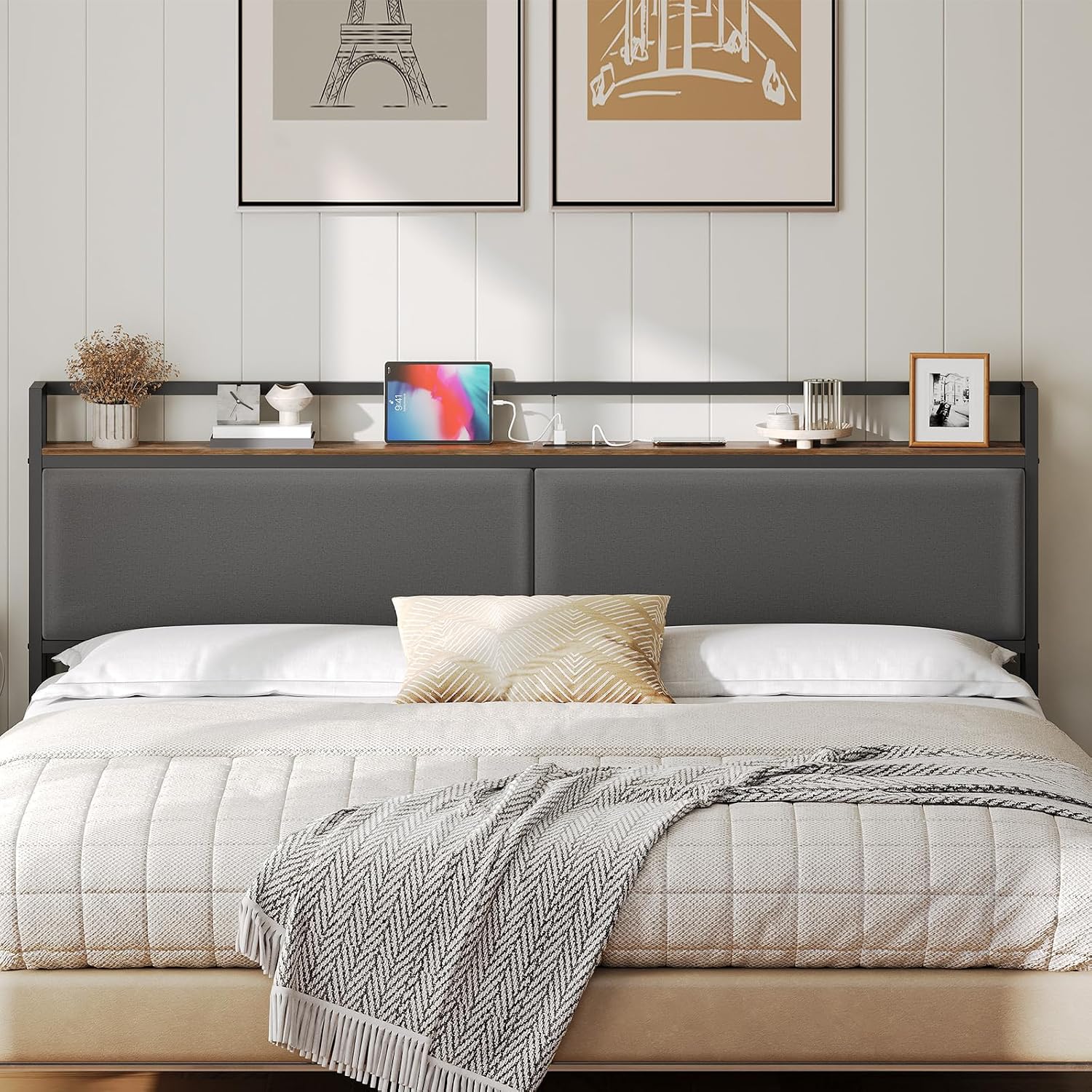 YATINEY King Size Headboard with Storage Shelves, Upholstered Headboard with Charging Station, Height Adjustable, Sturdy and Stable, Vintage Style, Rustic Brown, Gray and Black