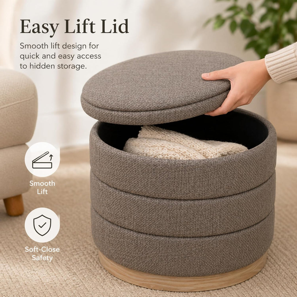 Ottoman Collection Stylish Linen Cylinder Storage Tan Round Footrest Vanity Stool Furniture Living Room Small Bench 16' L X16 W X 17' H