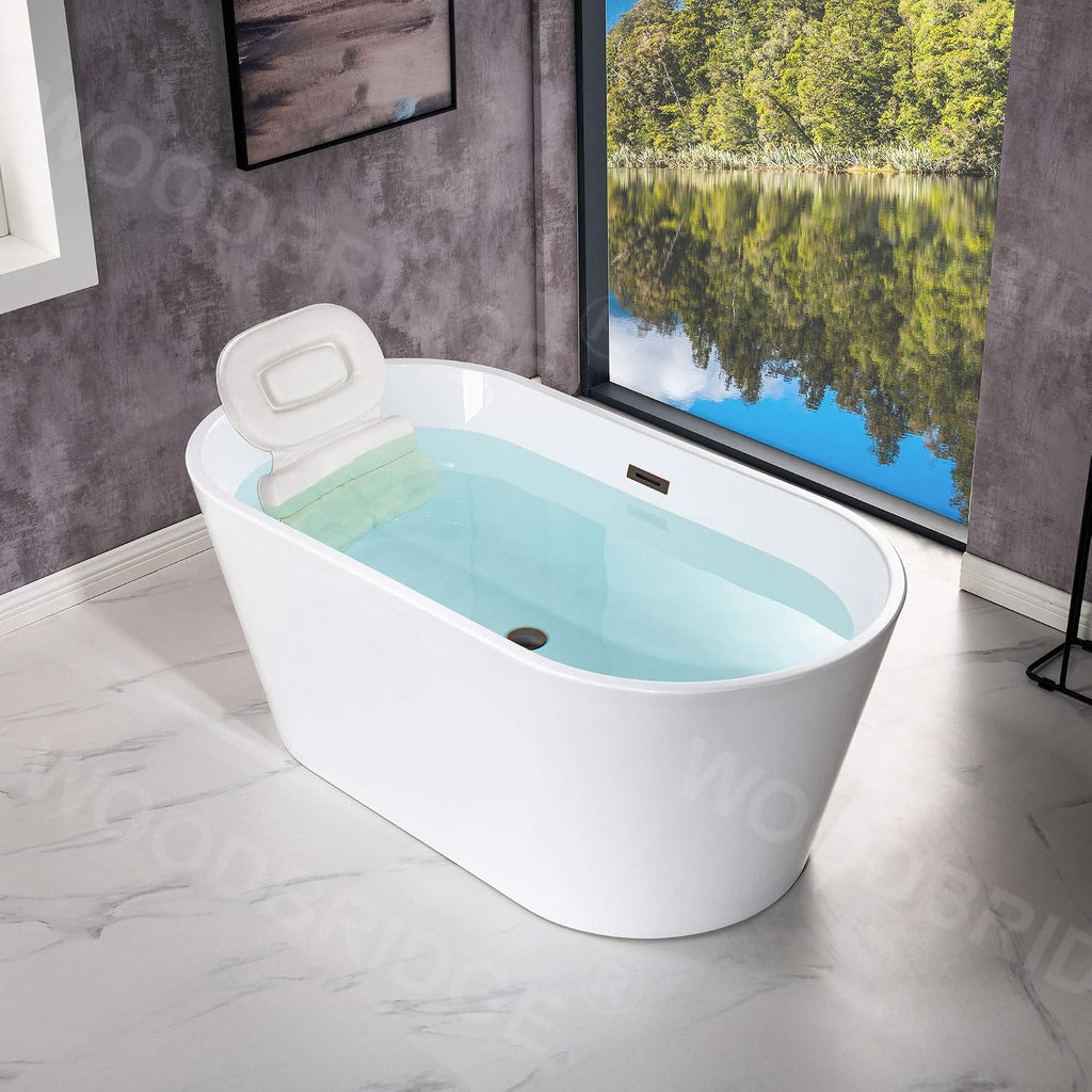WOODBRIDGE 59' Acrylic Freestanding Bathtub Contemporary Soaking White Tub with Oil-Rubbed Bronze Overflow and Drain，B0014-ORB