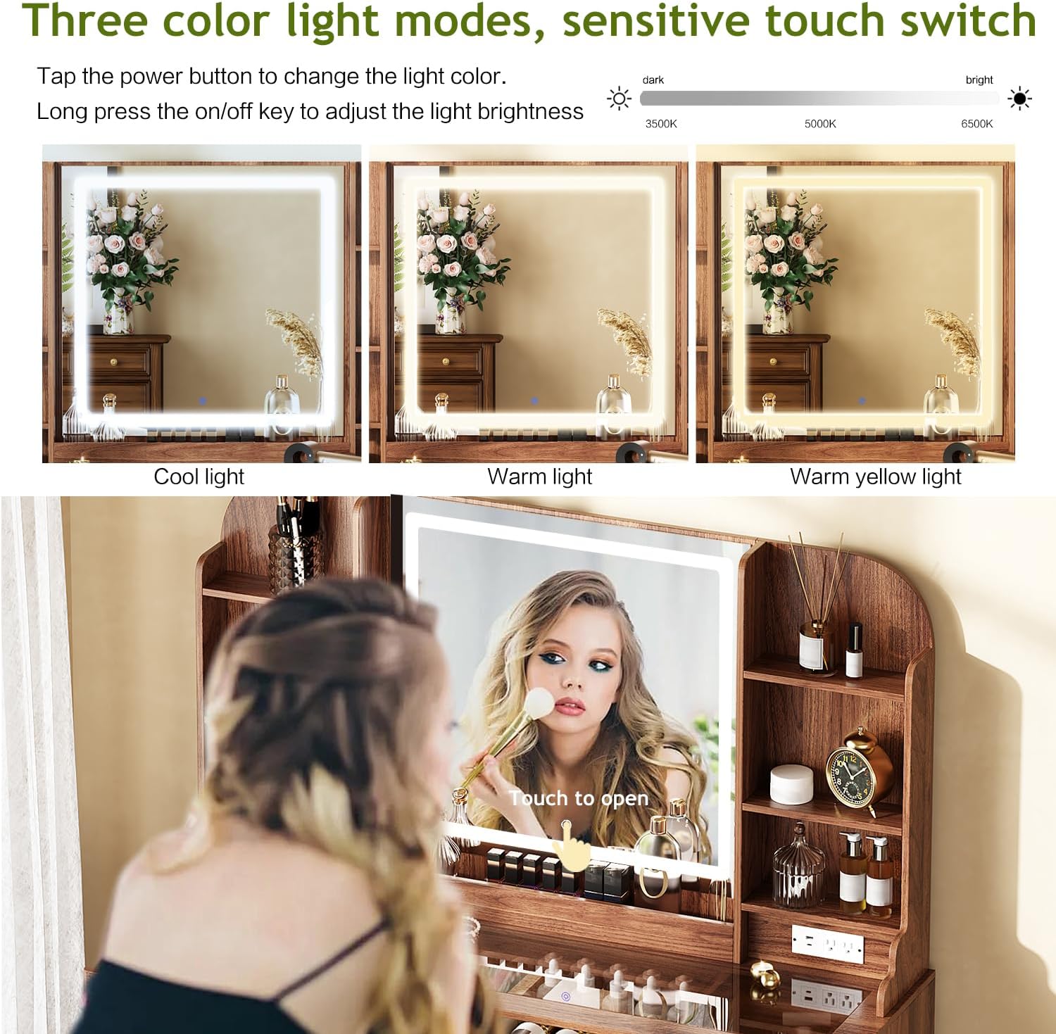 Arulvmrn 43' Makeup Vanity Desk with Mirror and Lights, & Power Outl, Glass Top Big Vanity Table with 9 Drawers& 8 Storage Shelves, Dressing Table Set with Chair for Bedroom, Brown