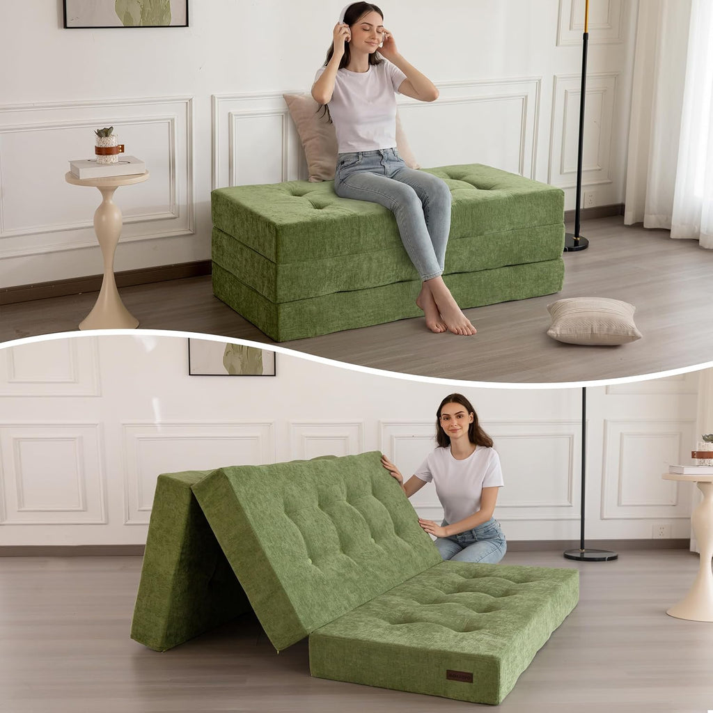 MAXYOYO 6' Folding Sofa Bed for Floor, Tufted Tri-Fold Floor Mattress with Chenille Fabric, Queen Size Portable Sofa Couch Guest Mat for Adults, Foldable Topper for Camping, Green, 59'x78.7'