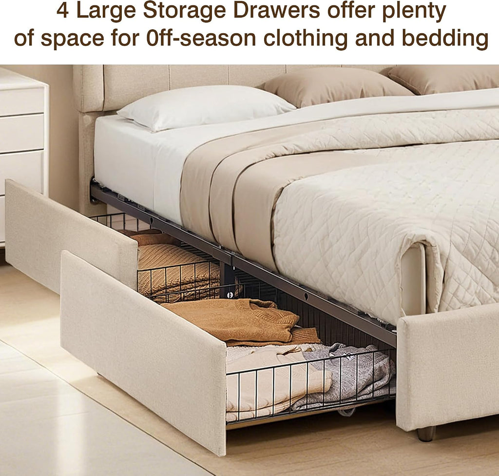 VECELO Queen Size Platform Bed Frame with 4 Storage Drawers,Fabric Upholstered Headboard and Wooden Slats Support,Built-in USB and Type C Ports, No Box Spring Needed,Easy Assembly