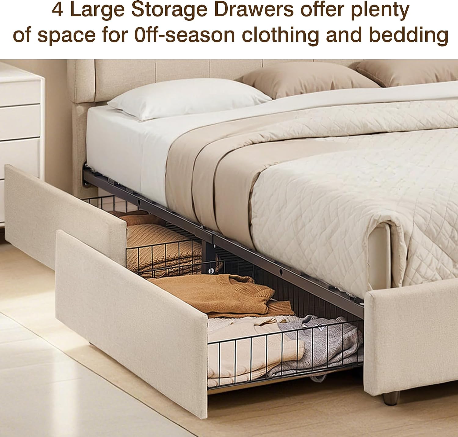 VECELO Queen Size Platform Bed Frame with 4 Storage Drawers,Fabric Upholstered Headboard and Wooden Slats Support,Built-in USB and Type C Ports, No Box Spring Needed,Easy Assembly