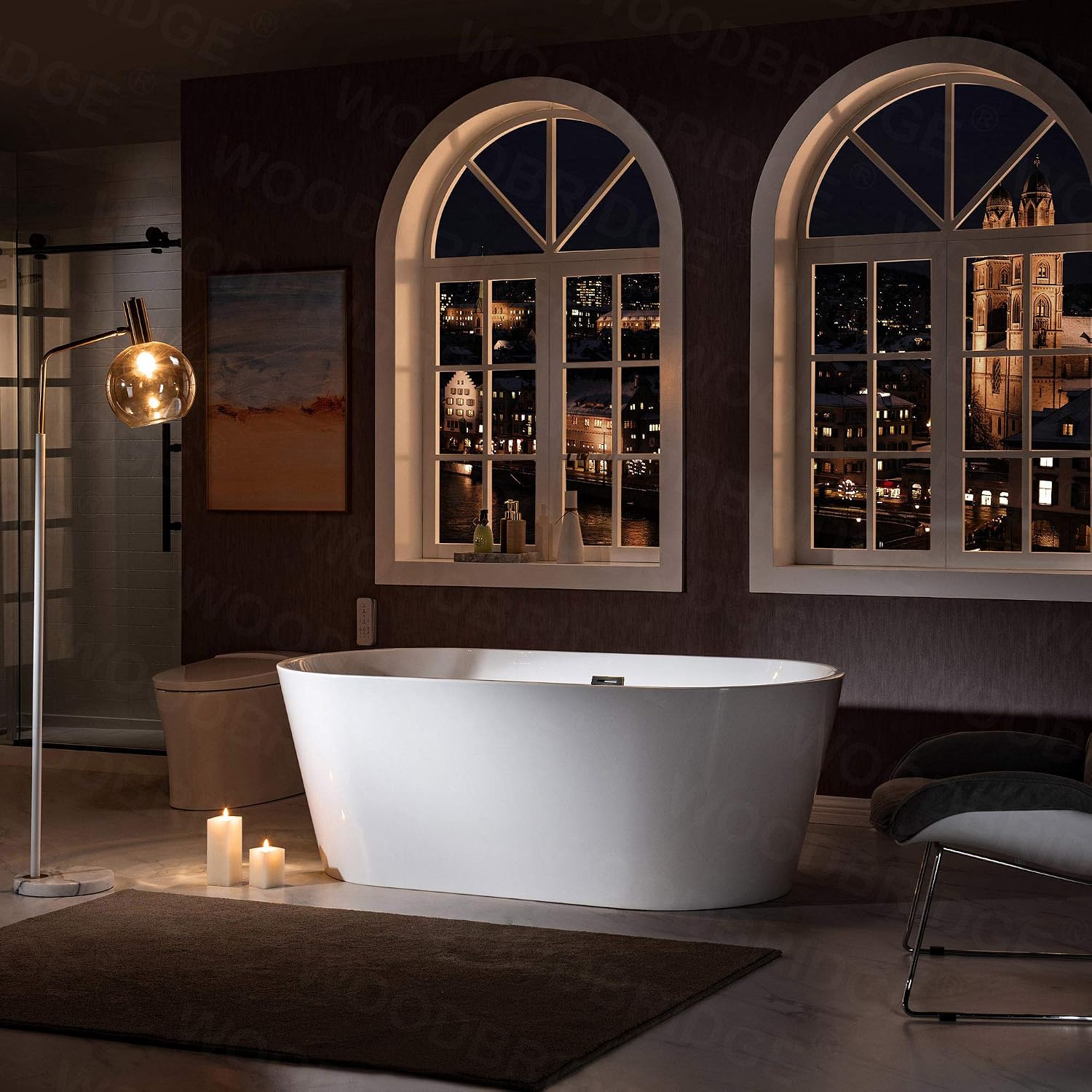 WOODBRIDGE 67' Acrylic Freestanding Bathtub Contemporary Soaking White Tub with Oil-Rubbed Bronze Overflow and Drain，B0013-ORB
