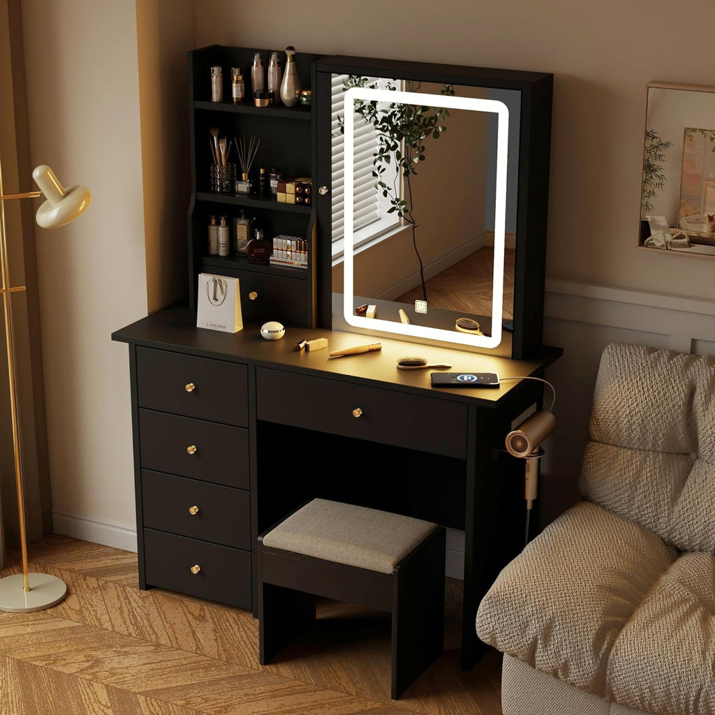 Vanity Desk with Mirror and LED Lights, Makeup Vanity Set with Power Outlet, and Stool,Jewelry Storage,Black Vanity Desk for Bedroom