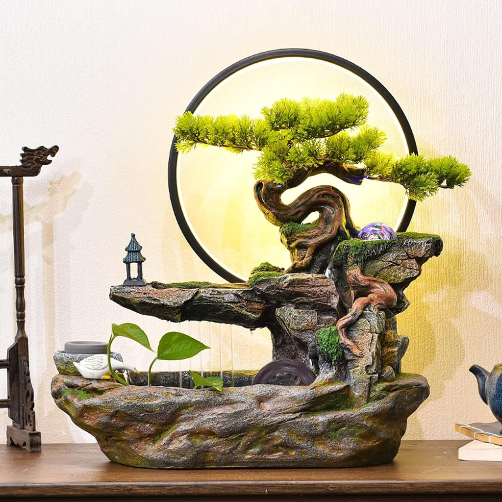 Desktop Fountain Tabletop Water Fountain Indoor Waterfalls Fountains Decorative with LED Light Artificial Bonsai Tree Design Best Home Gifts for Parents or Friends(Large)