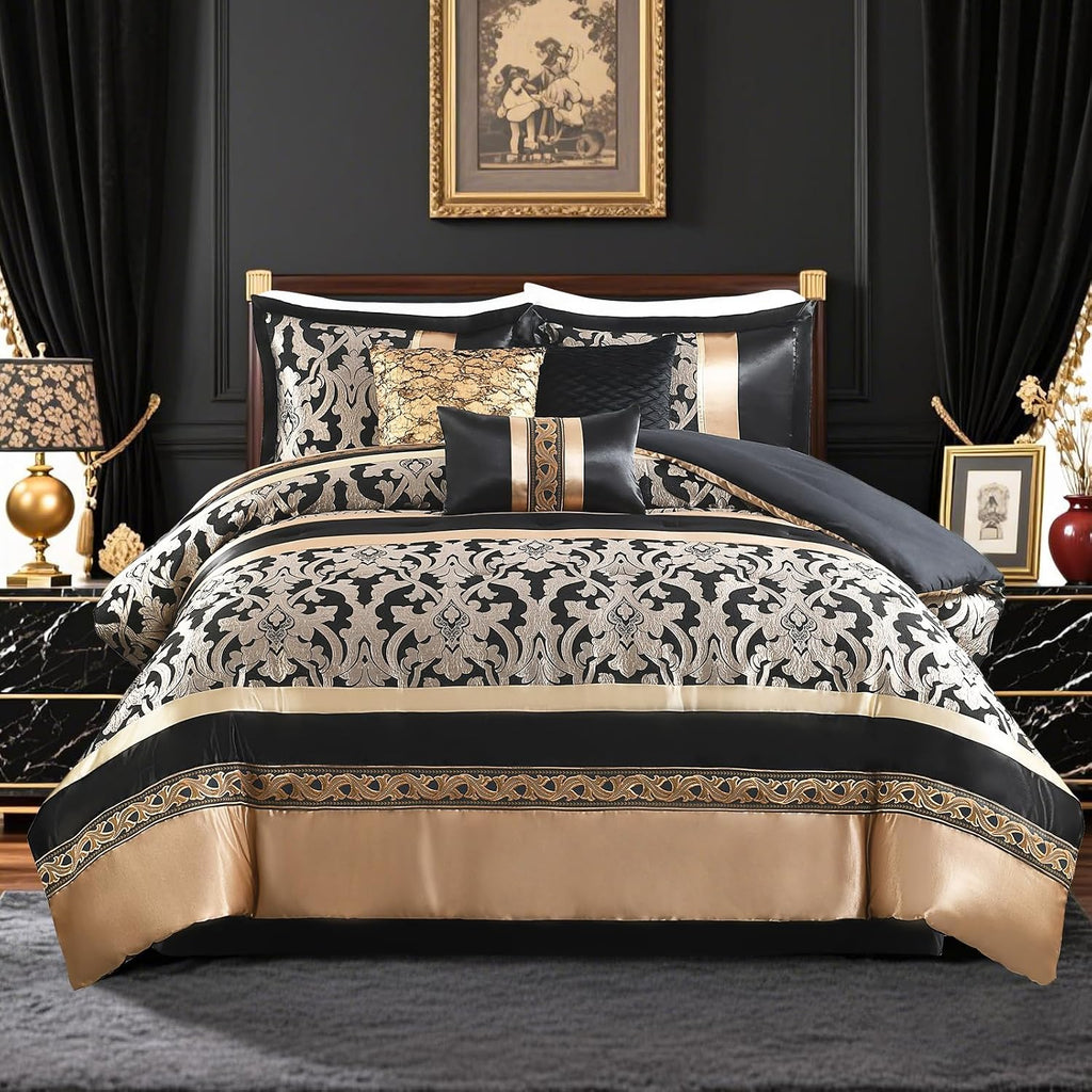 SahSahCasa 7-Piece Luxury King Comforter Set, Bed in a Bag King, Black and Gold Fluffy Jacquard Silky Comforter Bedding Set with Bed Skirt, Decorative Pillows, Elegant Reversible, Down-Alternative