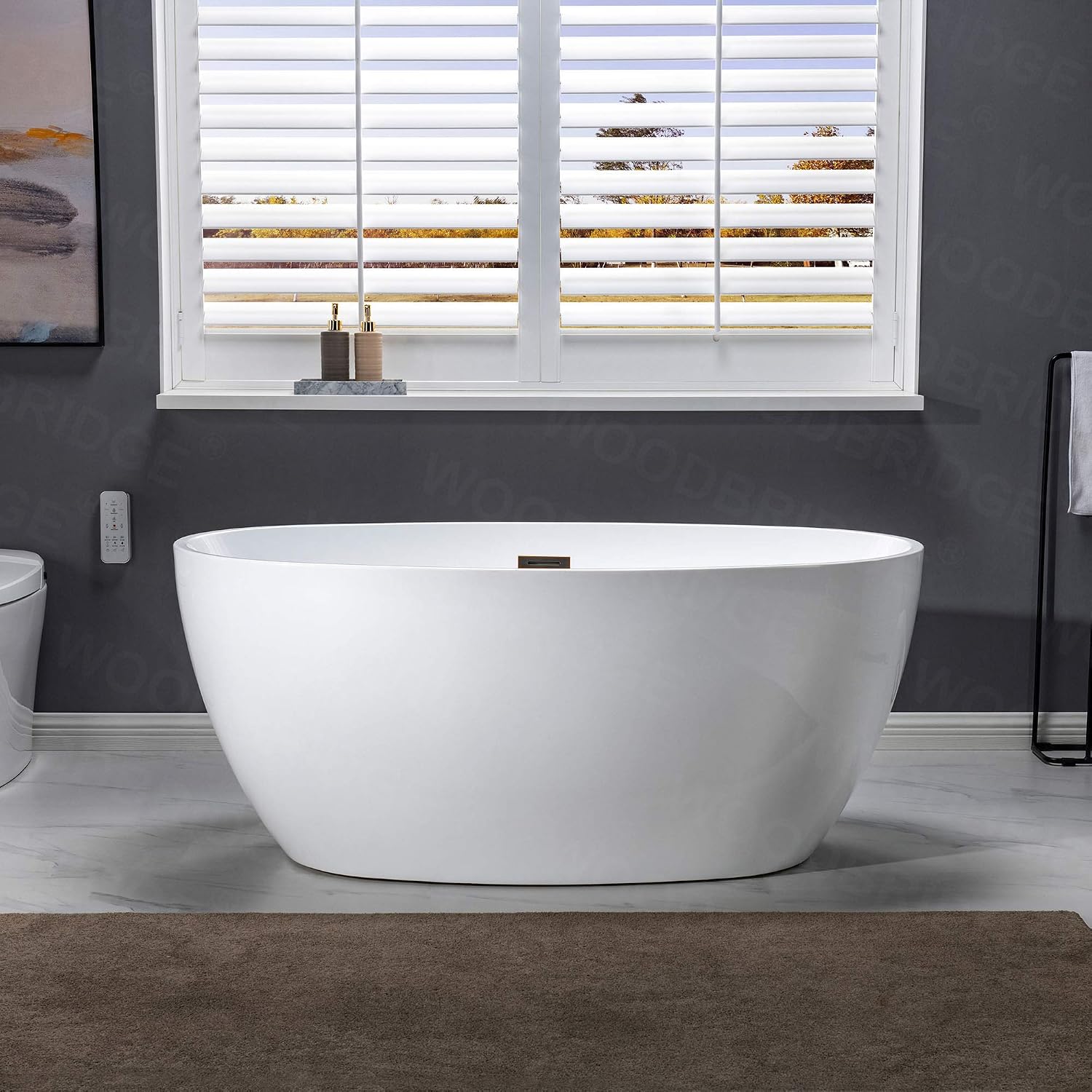 WOODBRIDGE 55' Acrylic Freestanding Bathtub Contemporary Soaking White Tub with Oil Rubbed Bronze Overflow and Drain,BTA1418 -ORB